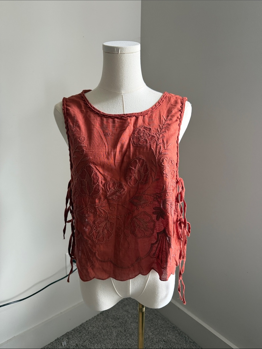 Free People Rust Embroidered Side-Tie Tank